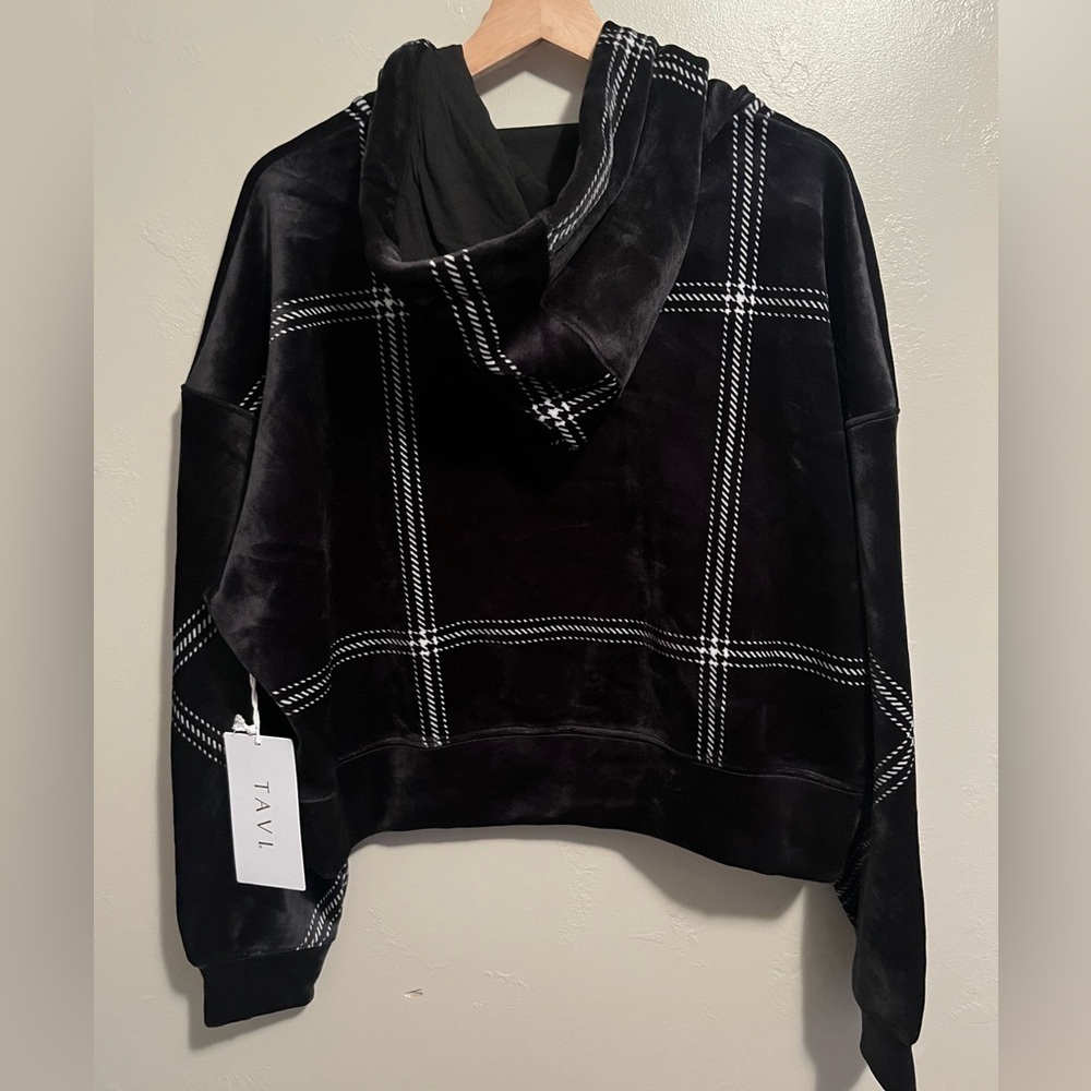 Tavi Campfire Hoodie Size Large Black White Window Pane Stripes Cropped Velour - Picture 7 of 14